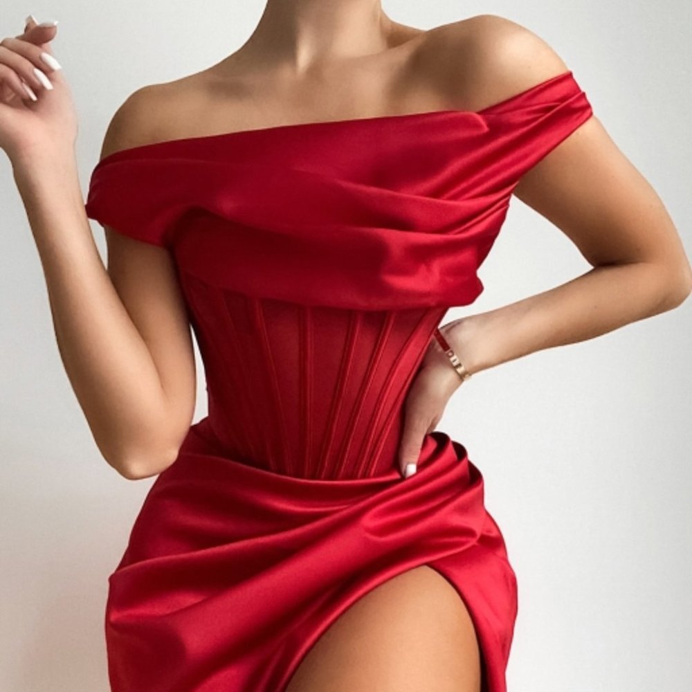 House of CB Lulu Red Asymmetric Drape Midi Corset Dress